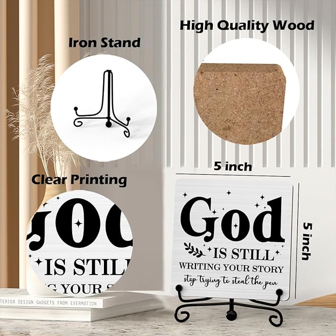 Inspirational Christian Desk Decor, God Is Still Wrting Your Story Sign, Desk Decorations For Office Home Living Room Bathroom, Eucalyptus Shelf Decor, Wooden Plaque With Stand (C12)