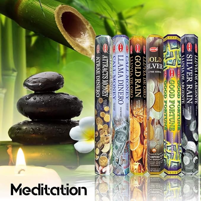 HEM Assorted Incense Sticks – Attracts Money, Call Money, Gold Rain, Gold Silver, Good Fortune & Silver Rain – Pack of 6 – Premium Aromatherapy for Prosperity, Meditation & Home Fragrance.