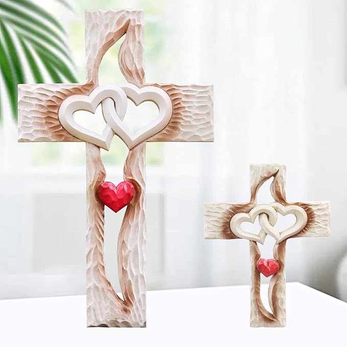 Oooct Carved Cross, Resin Cross Wall Decor, Intertwined Hearts & Never Separates Love, Great Christian Gift, Wall Art Gift, Home Living Room Decor - 6.88 × 5.23 Inch