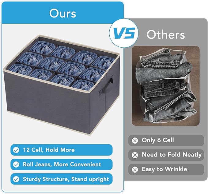 3 Pcs 12 Cell Large Size Pants Organizers for Clothes, Jeans, Sweater, T-shirt, Dress Stackable for Wardrobe Closet Drawer Organizer Storage Bin Container, Dark Grey
