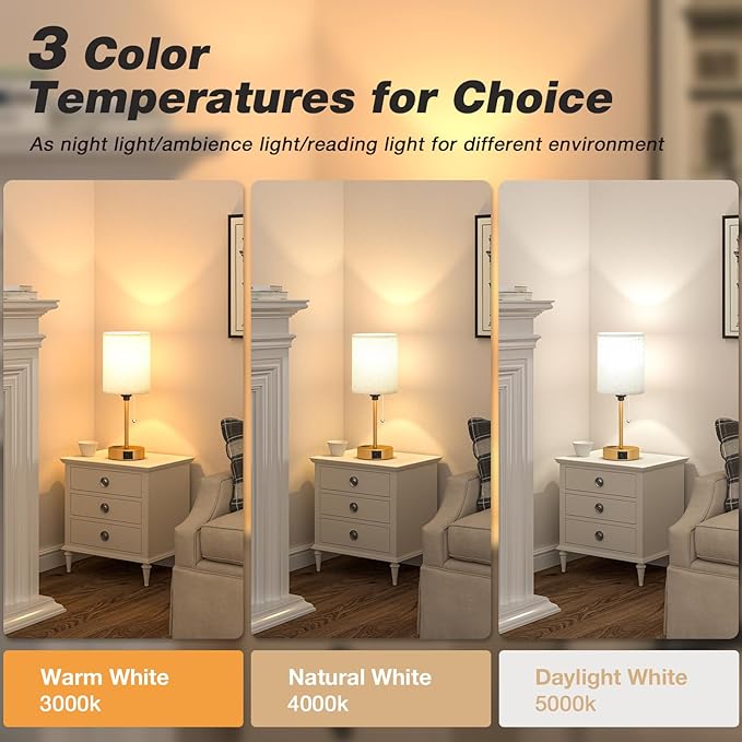 Dicoool Elegant Gold Bedside lamp for Bedroom - 3 Color Temperatures Small Table Lamp with USB C and A Ports, Pull Chain Table Lamps with AC Outlet, Cream Nightstand Lamps for Kids Reading Study