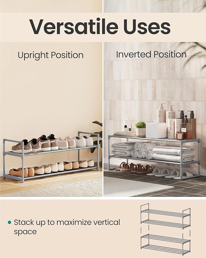 SONGMICS Shoe Rack, 2-Tier Shoe Organizer, Metal Storage Shelf, Upright or Upside Down, for 12-15 Pairs, Stackable, for Entryway, 11.8 x 36.2 x 14.6 Inches, Gray ULSA012G01