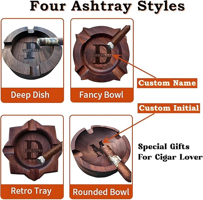 Cigar Ashtray Set for Dad Husband Grandpa, Custom Name Engraved Cigar Ash Tray for Men, Fathers Day for Him, Walnut Wooden Outdoor Patio Cigar Ashtray, Cigar Ashtray for Outside,Birthday,Christmas