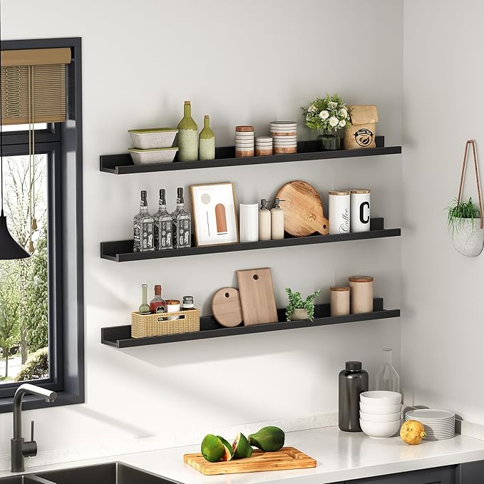 HOOBRO Floating Shelves, Wall Shelf Set of 3, 47.2 Inches Hanging Shelf with Raised Edge and Invisible Brackets, for Bathroom, Bedroom, Kitchen, Office, Living Room Decor, Black BK92BJ01
