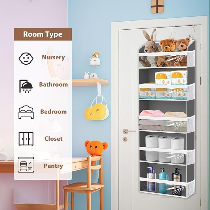Holds 60 Caps Over the Door Hat Organizer for Baseball Caps,5-Tier Large Capacity Hat Rack Storage for Closet Door, Clear Deep pockerts Hanging Holder with 3 Hooks, Grey
