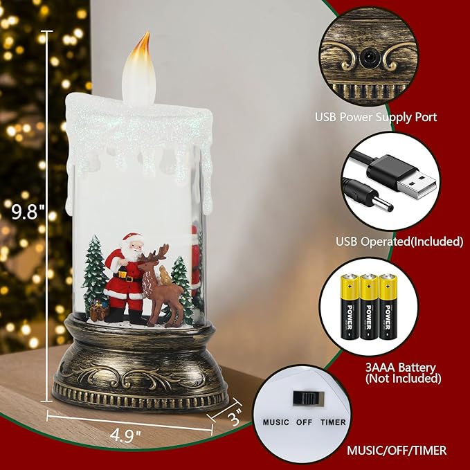 Eldnacele Christmas Music Snow Globe Lantern with 6H Timer, Battery Operated & USB Powered Lighted Santa Claus Reindeer Singing Snow Globe Candle Lamp Spinning Water Glitters Holiday Decor