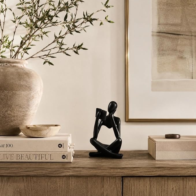 Black Bookshelf Decor Thinker Statue, Abstract Reading Figurine Style B, Resin Decorative Bookend for Coffee Table, Shelf, Home Office, Library
