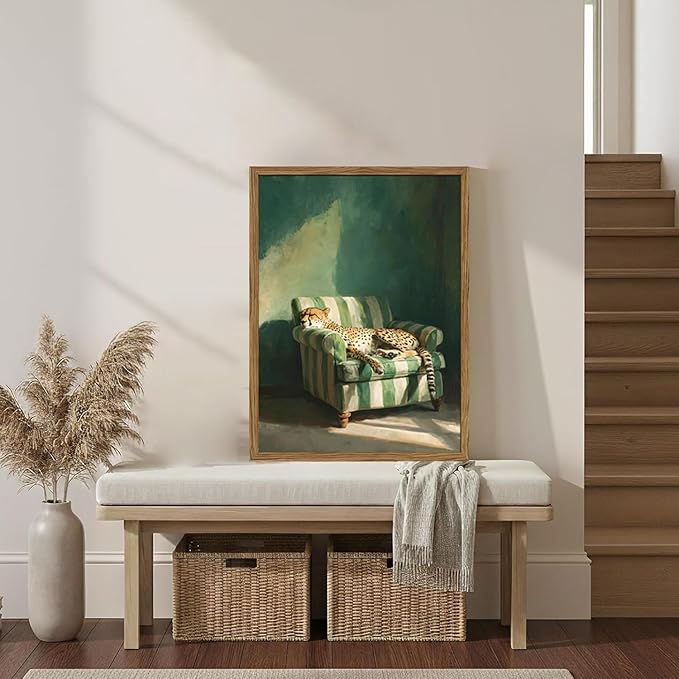 Framed Funny Leopard Canvas Wall Art, Vintage Sleeping Cheetah on Sofa Pictures Wall Decor, Eclectic Animal Paintings Canvas Prints Whimsical Home Decor for Living Room Bedroom 12x16 inch