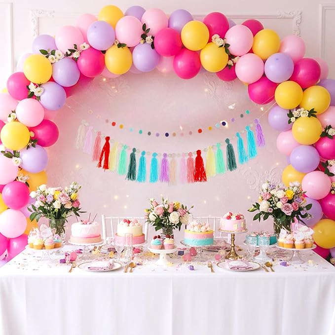 2 Pcs Boho Tassel Garland, 6.5 Feet Pom Pom Garland Rainbow Felt Ball Garlands Colorful Pastel Tassel Wall Hanging Banner with Wood Beads for Classroom Wedding Baby Shower Birthday Party Home Decor