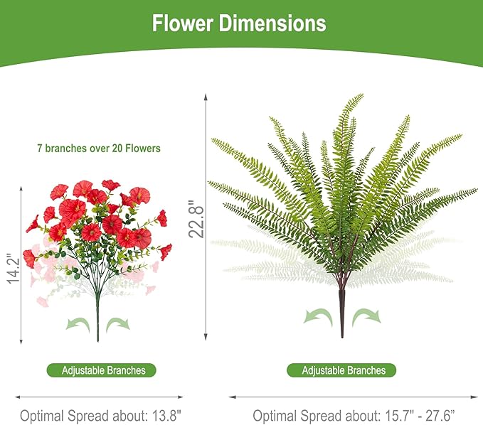 Artificial Flowers for Outdoors Faux Plants Outside Indoor,UV Resistant Silk Fake Petunia Tall Ferns for Home Patio Garden Back Yard Front Poch Decor Spring Summer(13 Bunchs,4 Multi Colors)