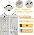 SMRITI Hanging Jewelry Organizer with Dual Zippered Pockets Canvas Double Sided Rotating Hanger Necklace Hanging Wall Organizer Earring Dustproof Holder Wall Mount Accessories Display Bag(Light Grey)