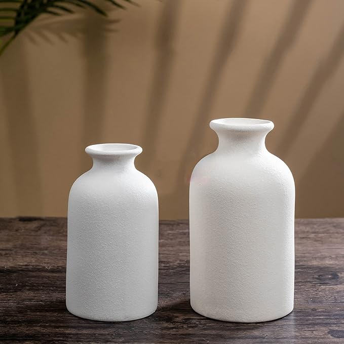 Hirdbrote Small Ceramic Vases for Decor, 2-Piece Set - Flower Vases, Modern Farmhouse & Rustic Home Decor, Wedding & Kitchen Centerpiece (5.5' & 4.7' Tall) (White)