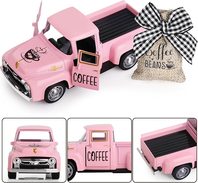 Coffee Decor for Coffee Bar Metal Truck with Coffee Beans Burlap Sack Vintage Pickup Mini Diecast Truck for Farmhouse Coffee Station Home Coffee Bar Tabletop Decorations (Pink)