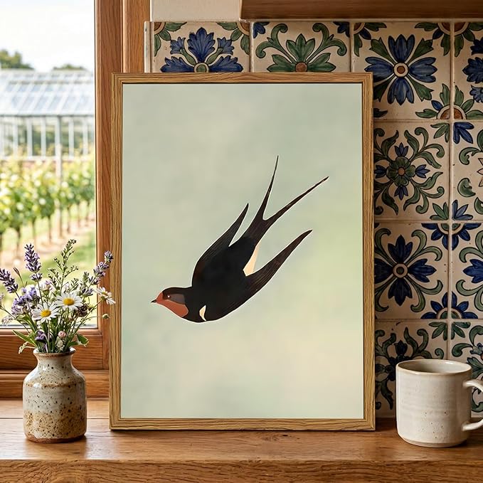 Framed Vintage Bird Wall Art, Sage Green Flying Swallow Pictures Wall Decor, Minimalist Japandi Nature Paintings Canvas Prints Modern Home Decor for Living Room Bedroom Bathroom Office 12x16 Inch