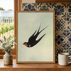 Framed Vintage Bird Wall Art, Sage Green Flying Swallow Pictures Wall Decor, Minimalist Japandi Nature Paintings Canvas Prints Modern Home Decor for Living Room Bedroom Bathroom Office 12x16 Inch