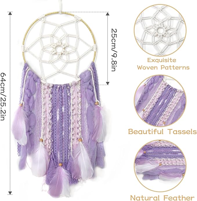 LOMOHOO Large Dream Catcher Handmade Feather Dreamcatcher, Traditional Dream Catchers with Woven Tassels Boho Wall Hanging for Girl Kids Bedroom Baby Room Home Decor Craft Ornament Gift (Purple)