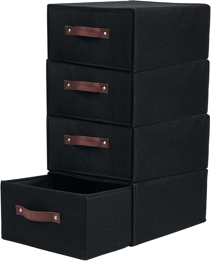 4PCS Closet Drawer Organizer Stackable Fabric Storage Boxes Bins Baskets with Lid PU Leather Handles Foldable Washable Cotton Linen Wardrobe Shelf Cloth Towels Container (Black, Large)