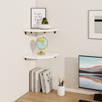 Fun Memories Corner Shelf Wall Mount Set of 2 - Solid Oak Wood Floating Corner Shelf with Cable Hole, 8.5in Rustic Design for Bedroom, Living Room, Kitchen (White)