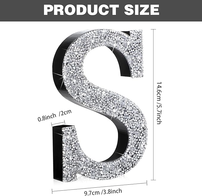 Qunclay 5.7" Silver Crystal Diamond Bling Letters Crushed Diamond Decoration Wooden Glitter Letter with Screw and Hooks Rhinestone Gift for Wedding Y2k Mcbling Bedroom Wall Decor (Letter S)