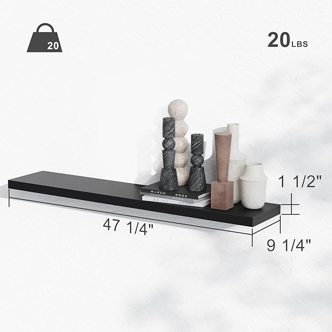 BAMEOS 47in Floating Shelves, Black Wall Mounted Wooden Shelves with Invisible Brackets Set of 2