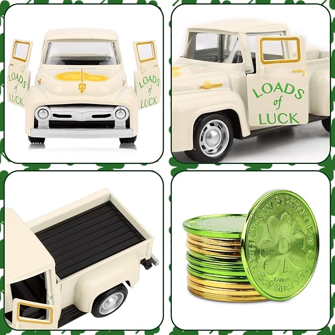 St. Patrick's Day Mini Metal Truck with Plastic Coin Vintage Diecast Pickup Tiered Tray Decor Rustic Farmhouse Shamrock Ornament Truck for St Patrick Home Shelf Table Tiered Tray Decorations