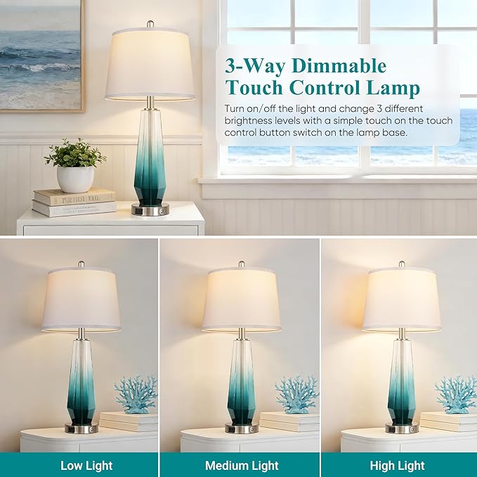 QiMH Glass Table lamps for living room, Modern Bedside Lamps for Bedrooms,27.5" Tall Nightstand Lamps Set of 2 with 3-Way Dimmable Touch Control, White Linen Shade,USB A/C Charging Ports,Gradient Teal