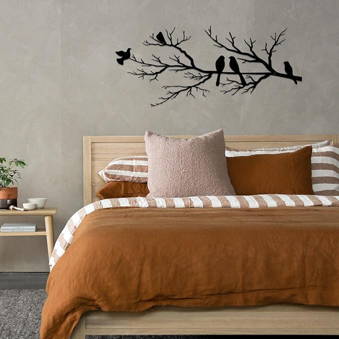 Metal Birds Wall Art, Metal Vivid Birds on Branch Silhouette Wall Decor Black Leaves with Bird Outdoor Hanging Wall Sculpture for Home Balcony Garden(Large)