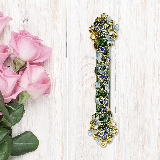 Mezuzah with Scroll for Door, Enamel&Zinc Alloy Blessing Mezuzah Case for Door, Colored Painted Mezuzha Scroll Kosher for Jewish Gifts/Jewish Decor, Christmas (Dark Green, 1.37x5.98 in)