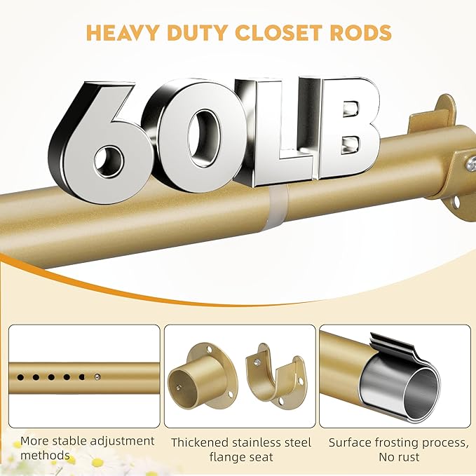 1.3 Inch Diameter Closet Rods for Hanging Clothes 17-39 Inch Adjustable, Metal Heavy Duty Closet Pole, Gold Closet Bar for Hanging Clothes, Suitable for Closet, Wardrobes, Bathroom, Windows