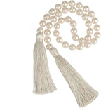34 Inch Glass Bead Garland with Tassels - Elegant Boho Table Decor, Fringe Wall Hanging for Wedding, Party, Farmhouse Rustic Prayer Bead Home Decoration(2 Pack,Off White)