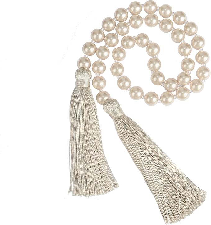 34 Inch Glass Bead Garland with Tassels - Elegant Boho Table Decor, Fringe Wall Hanging for Wedding, Party, Farmhouse Rustic Prayer Bead Home Decoration(2 Pack,Off White)