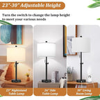 Kondras Table Lamp for Bedroom Set of 2, 23" to 30" Height Adjustable Bedside Lamp with 2 USB Ports, Black Nightstand Lamp with White Shade, Modern Pull Chain Table Lamp for Living Room End Table