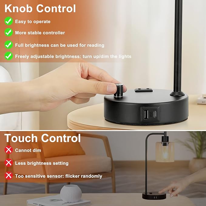 Industrial Desk Lamps for Office Set of 2 - Fully Dimmable Bedside Lamps with USB A C Ports and Outlet, Black Nightstand Lamps with Grey Glass Shade for Living Room, Table Lamps for Bedrooms Reading