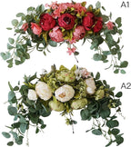 30 Inch Artificial Peony Flower Swag, Decorative Floral Swag with Fake Peonies Hydrangeas Eucalyptus Leaves Handmade Garland Wreath for Wedding Party Home Decor(White)