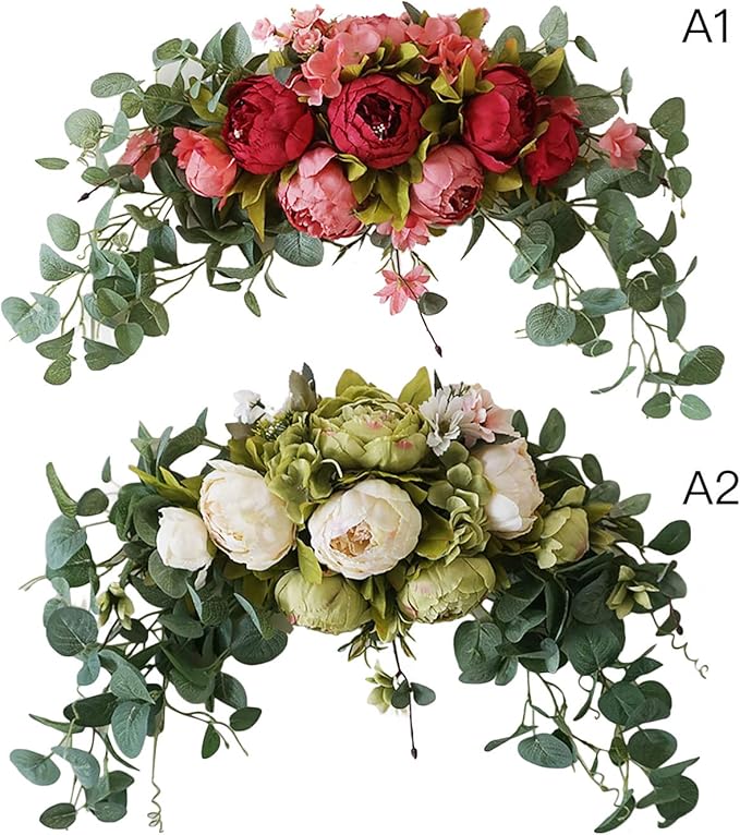 INFILM 30Inch Wedding Artificial Peony with Green Leaves Swag,Handmade Flowers Backdrop Table Runner Centerpiece Garland for Arch Front Door Wall Home Hanging Wreath Decor