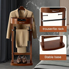 Wooden Suit Valet Stand for Men, Clothes Valet with Drawer, Shoe Rack, Tie Rack and Trouser Bar, Freestanding Clothes Organizer for Bedroom Entryway