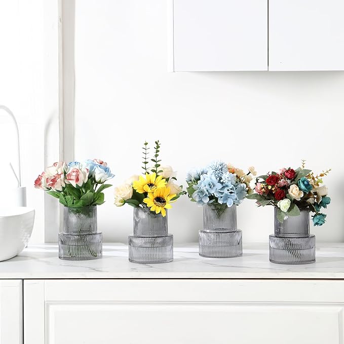 Ribbed Glass Vases, Set of 4 Small Vases for Flowers, Black Glass Vase for Tulips, Modern Vase for Living Room, Kitchen, Office, Entryway, Bookshelf, Wedding Gifts, Birthday, 6 Inches