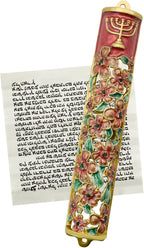 Mezuzah with Scroll for Door, Enamel&Zinc Alloy Blessing Mezuzah Case for Door, Colored Painted Mezuzha Scroll Kosher for Jewish Gifts/Jewish Decor, Christmas (Red and Gold, 1.1x6.49 in)