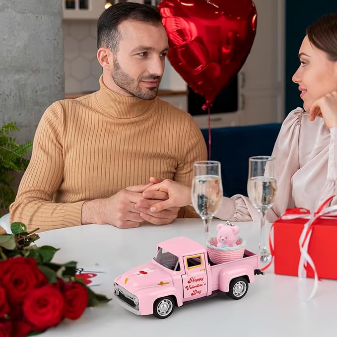 Hxezoc Pink Truck Decor Vintage Metal Truck with Pink Flower Basket Ornament Valentine's Day Farmhouse Tabletop Mantle Decoration for Home Kitchen Office Valentine's Day Theme Party Supplies