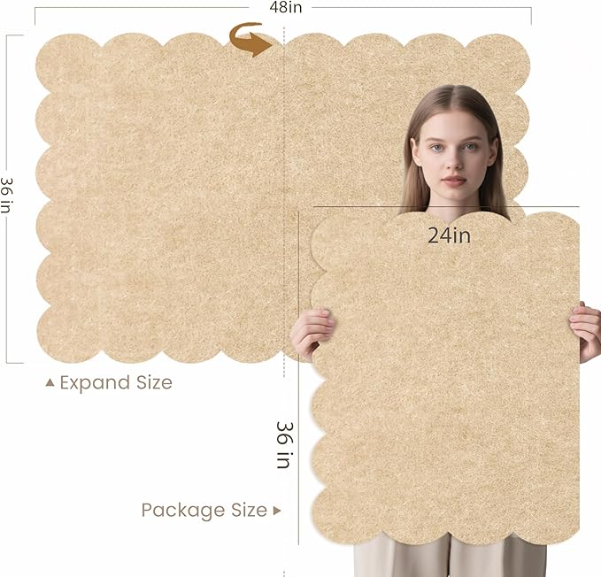Lightomorrow Scalloped Bulletin Board, 48 x 36 Inches Felt Pin Board - Decorative Cork Alternative for Wall, Foldable Picture Self-Adhesive Vision Prayer Board with 20 Pushpins - Beige Brown