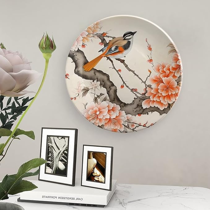 Decorative Plates for Wall Hanging, Bird & Peony Flower Chinese Meticulous Painting Ceramic Plate, Wobble-Plate with Display Stand, Home Decor for Kitchen Cabinets, Farmhouse Round Tray 8 Inch