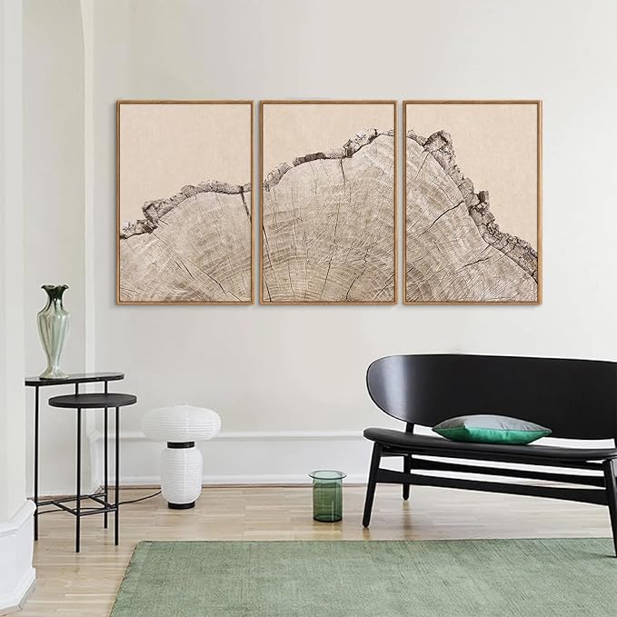 SIGNINART Large Tree Ring Framed Canvas Wall Art Set, Rustic Beige Nature Wooden Wall Decor, Neutral Wood Stump Artwork, Modern Art Prints for Bedroom Living Room Office 24"x36"x3