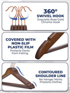 Smartor Wooden Hangers 10 Pack, Solid Wood Coat Hanger for Closet, Heavy Duty Wood Hangers for Suits, Shirts, Dresses, with 360° Rose Gold Hook, Non Slip Pant Bar, Walnut