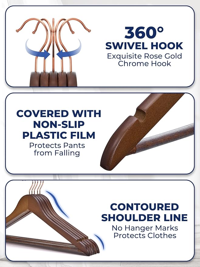 Smartor Wooden Hangers 10 Pack, Solid Wood Coat Hanger for Closet, Heavy Duty Wood Hangers for Suits, Shirts, Dresses, with 360° Rose Gold Hook, Non Slip Pant Bar, Walnut