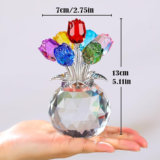 Arikyrist Crystal Colorful Rose Bouquet Figurine with Round Vase, Glass Rose Flower Romantic Gifts for Her Mom on Birthday, Collectible Decoration Table Centerpiece for Home