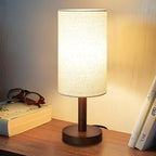 Small Table Lamp for Bedroom, Nightstand Lamp Linen Lampshade Bedroom Wood Base Small Bedside Lamp for Night Stands, Desk Lamps for Reading Living Room, Office (LED Bulb Included) (Black-Walnut Wood)