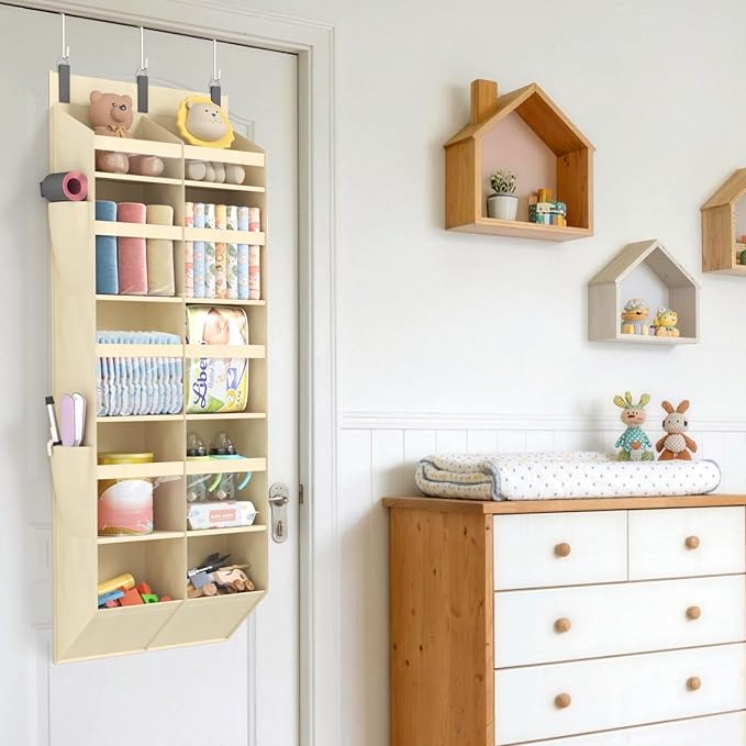 Lifewit 1 Pack Over the Door Organizer, Clear Window Hanging Storage with 4 Side Pockets, Anti Tilt 40 lbs Load Behind Door for Pantry, Nursery, Bathroom, Bedroom, Dorm, 10 Section, Beige