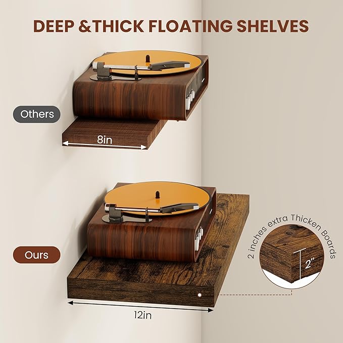 Vivelove 12" Deep Floating Shelves 47.2" Long, Wall Shelves for Living Room Bedroom Bathroom Kitchen Laundry Room, Farmhouse Rustic Shelves for Home Decor, 47.2" X 12" X 2" Set of 2, Rustic Brown
