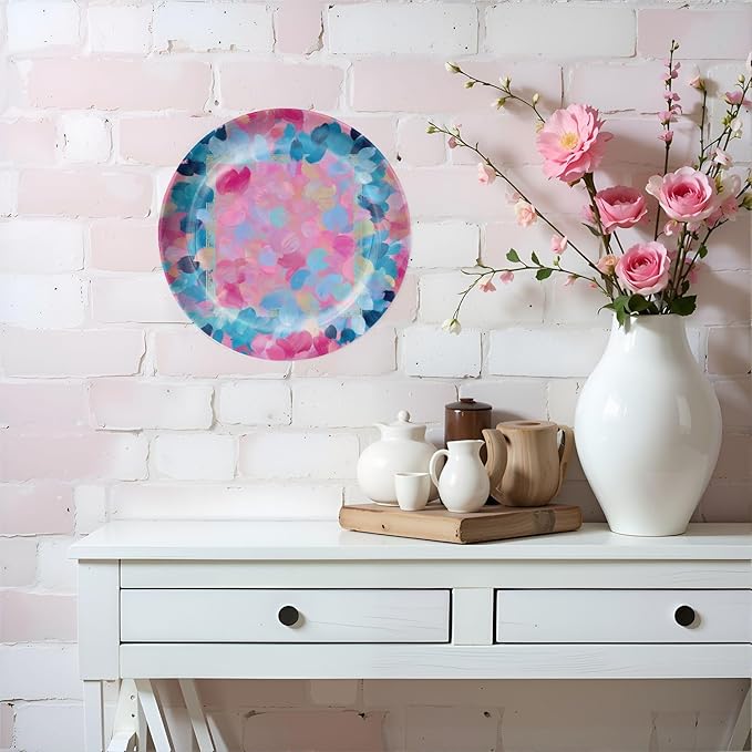 HABEN ARTWORK 8" Ceramic Plates for Display Colorful Abstract Floral Pink Blue Swirls Decorative Plate with Stand and Hook for Kitchen Dining Room Wall Hanging Decor