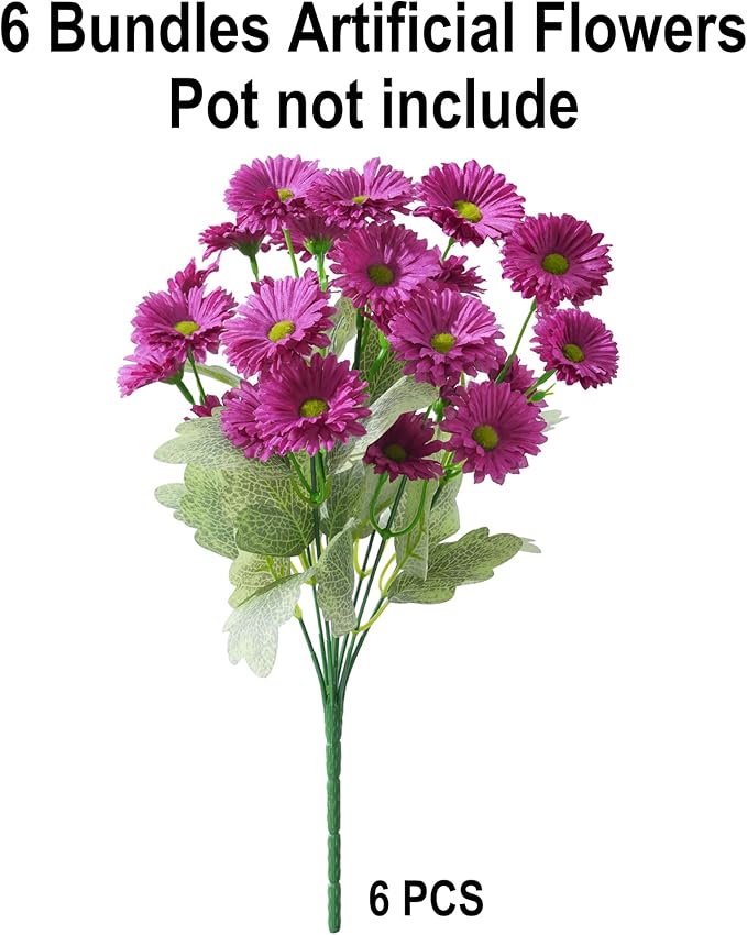 HyeFlora Artificial Flowers for Outdoors Spring Summer Outside Decor, 6 Bundles Fake Daisy Realistic Silk Flowers UV Resistant Outdoor Faux Plants for Planter Front Door Porch Balcony Yard, Fuchsia